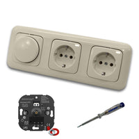 EBROM 1003 Universal ECO LED Drehdimmer Dimmer + Busch Jäger Dimmerscheibe 2115-212 und 2 x Steckdose 20EUC-212 in DURO2000 cremeweiß glänzend inklusive EBROM Phasenprüfer zur Montage der Geräte