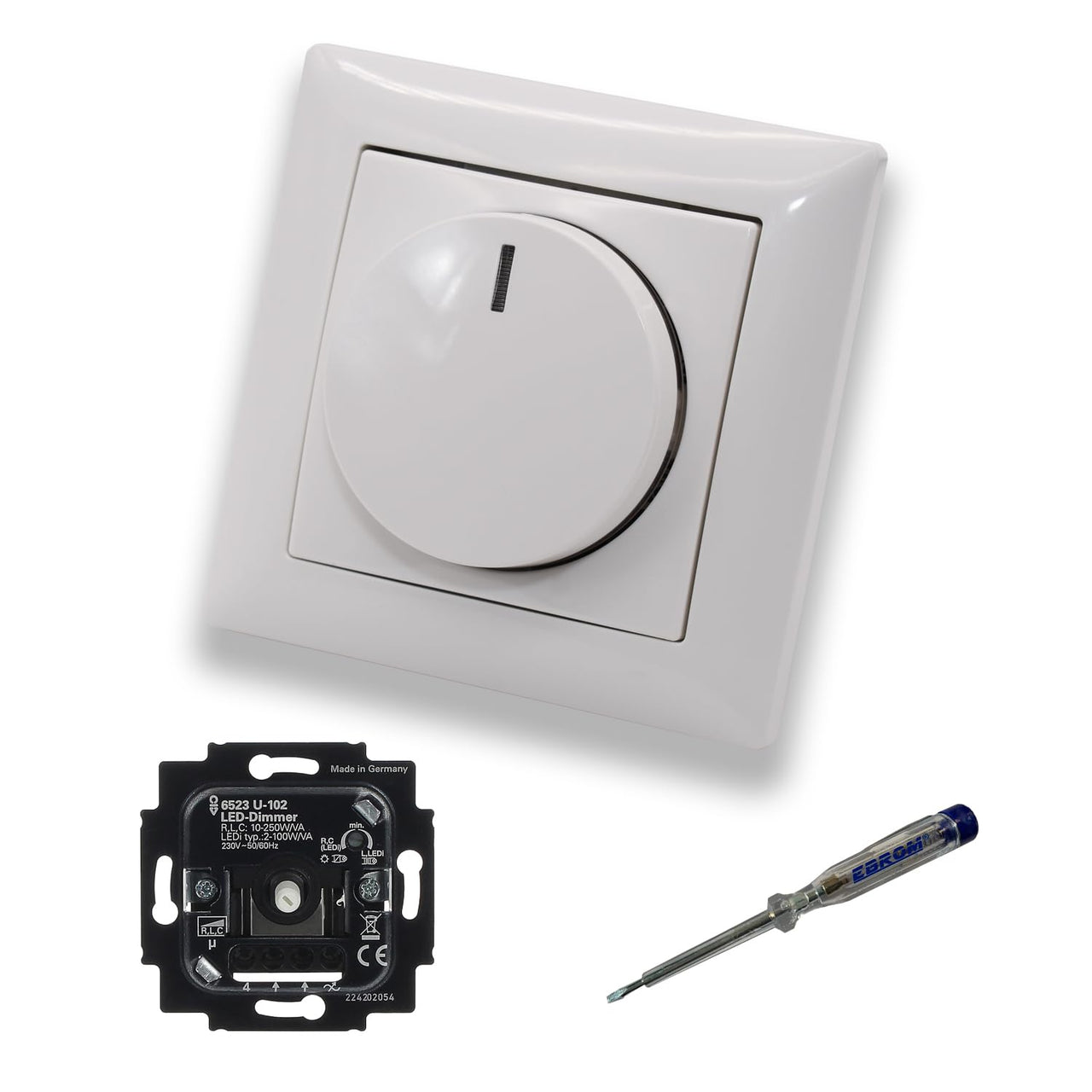 Busch Jäger 6523U-102 LED-Drehdimmer LED-Dimmer mit Dimmerscheibe Zentralplatte 2115-914 Einfachrahmen in Balance Si alpinweiß glänzend inklusive EBROM Phasenprüfer z. Montage des Dimmers 6523 U – 102