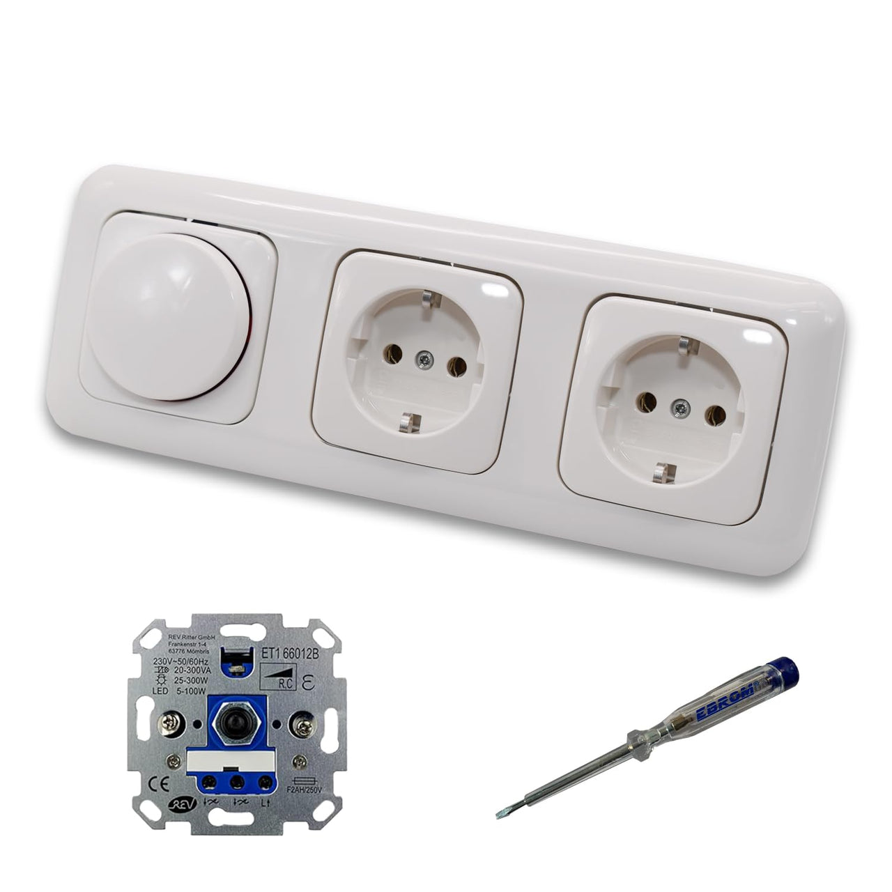 REV Ritter LED Drehdimmer Dimmer + Busch Jäger Dimmerscheibe 2115-214 und 2 x Steckdose Kinderschutz 20EUCKS-214 in Reflex Si alpinweiß glänzend + EBROM Phasenprüfer z. Montage der Geräte ET1 66012B