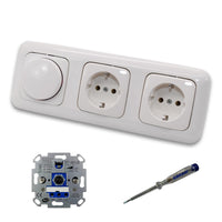 REV Ritter LED Drehdimmer Dimmer + Busch Jäger Dimmerscheibe 2115-214 und 2 x Steckdose Kinderschutz 20EUCKS-214 in Reflex Si alpinweiß glänzend + EBROM Phasenprüfer z. Montage der Geräte ET1 66012B