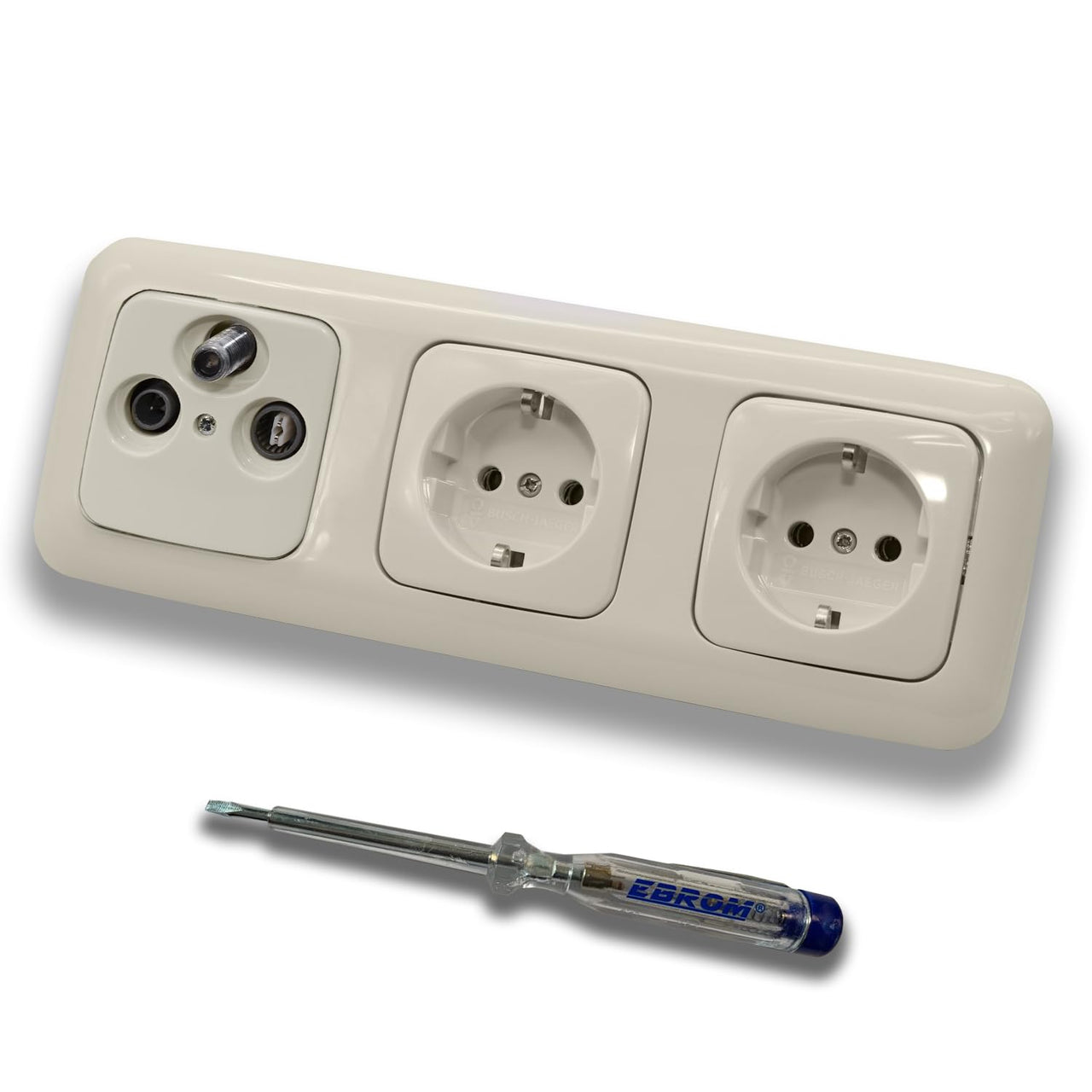 Busch Jäger SET: Unterputz 3Loch Dose 47-2150 MHz, Enddose Stichdose, Radio/TV/SAT-Kompatibilität + DURO2000 cremeweiß 3fach Rahmen + 2x Steckdose 20 EUC-212 + EBROM Phasenprüfer zur Montage d. Geräte