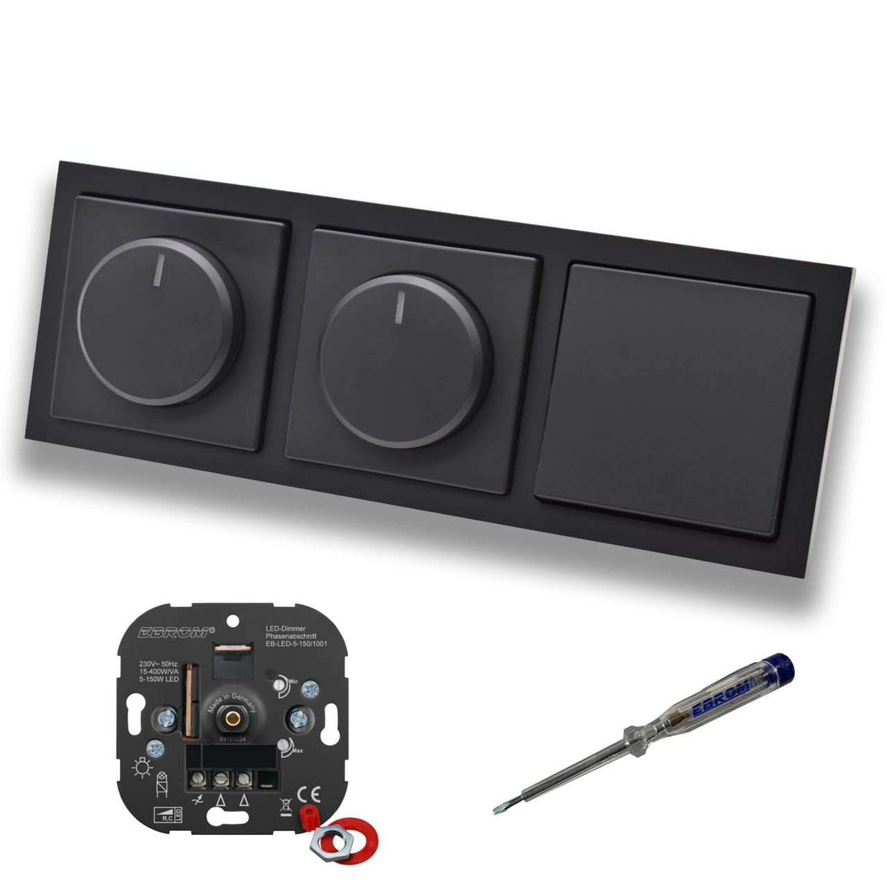 EBROM 1001 (2 x) LED Drehdimmer Dimmer + Busch Jäger Dimmerscheiben 6540-885-102 und Lichtschalter 2000/6 US in Future Linear Schwarz matt inklusive EBROM Phasenprüfer zur Montage der Geräte