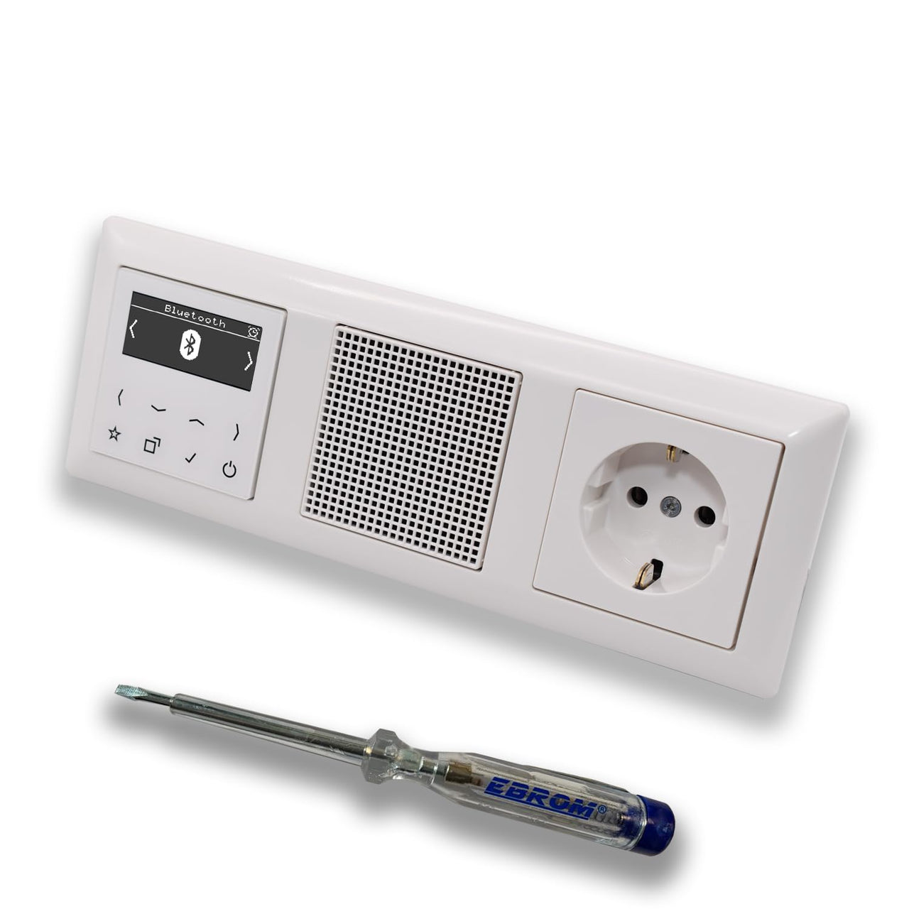 JUNG Smart Radio Unterputzradio DABABTWW DAB+ mit Bluetooth, Komplettset + 3fach Rahmen im JUNG AS 500 System, alpinweiß, passender Lautsprecher, Steckdose + EBROM Phasenprüfer zur Montage der Geräte