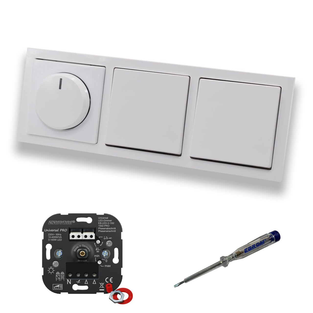 EBROM 1002 Universal PRO LED Drehdimmer Dimmer + Busch Jäger Dimmerscheibe 6540-84-102 und 2 x Lichtschalter 2000/6 US in Future Linear Studioweiß glänzend inklusive EBROM Phasenprüfer zur Montage