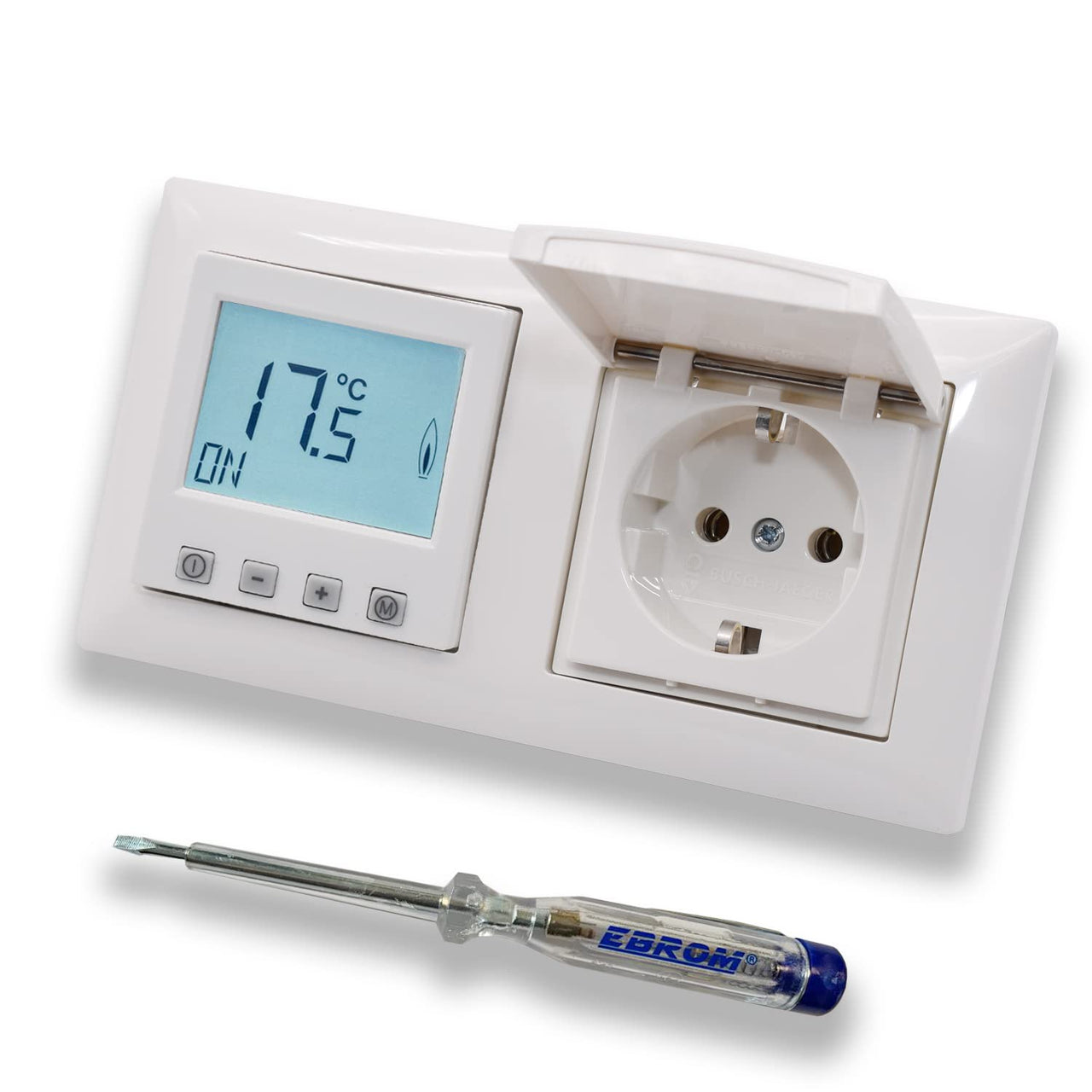 Halmburger Raumthermostat Raumtemperaturregler ERD-55rg DIGITAL in Busch Jäger Balance Si alpinweiß 2f Rahmen mit Klappsteckdose + EBROM Phasenprüfer zur Montage der Geräte ERD-55 (rg) Fußbodenheizung