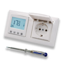 Halmburger Raumthermostat Raumtemperaturregler ERD-55rg DIGITAL in Busch Jäger Balance Si alpinweiß 2f Rahmen mit Klappsteckdose + EBROM Phasenprüfer zur Montage der Geräte ERD-55 (rg) Fußbodenheizung