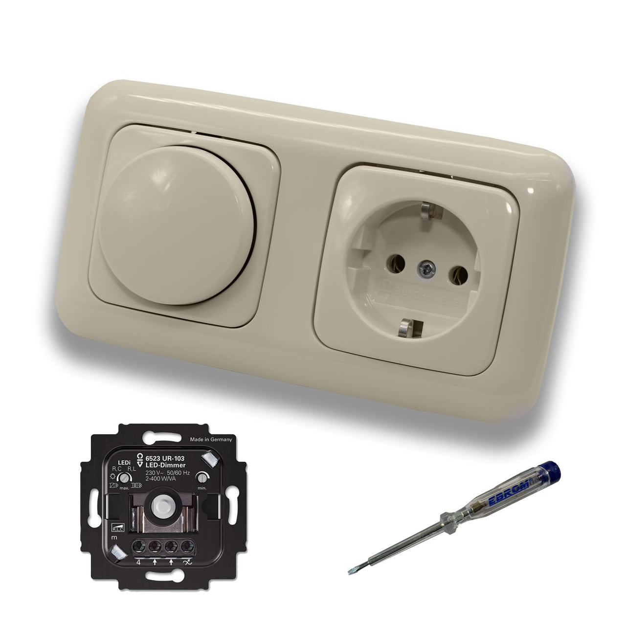 Busch Jäger 6523UR-103 LED Drehdimmer Dimmer + Scheibe 2115-212 und Steckdose mit Kinderschutz 20EUCKS-212 in DURO2000 cremeweiß glänzend inkl. EBROM Phasenprüfer zur Montage der Geräte 6523 UR-103