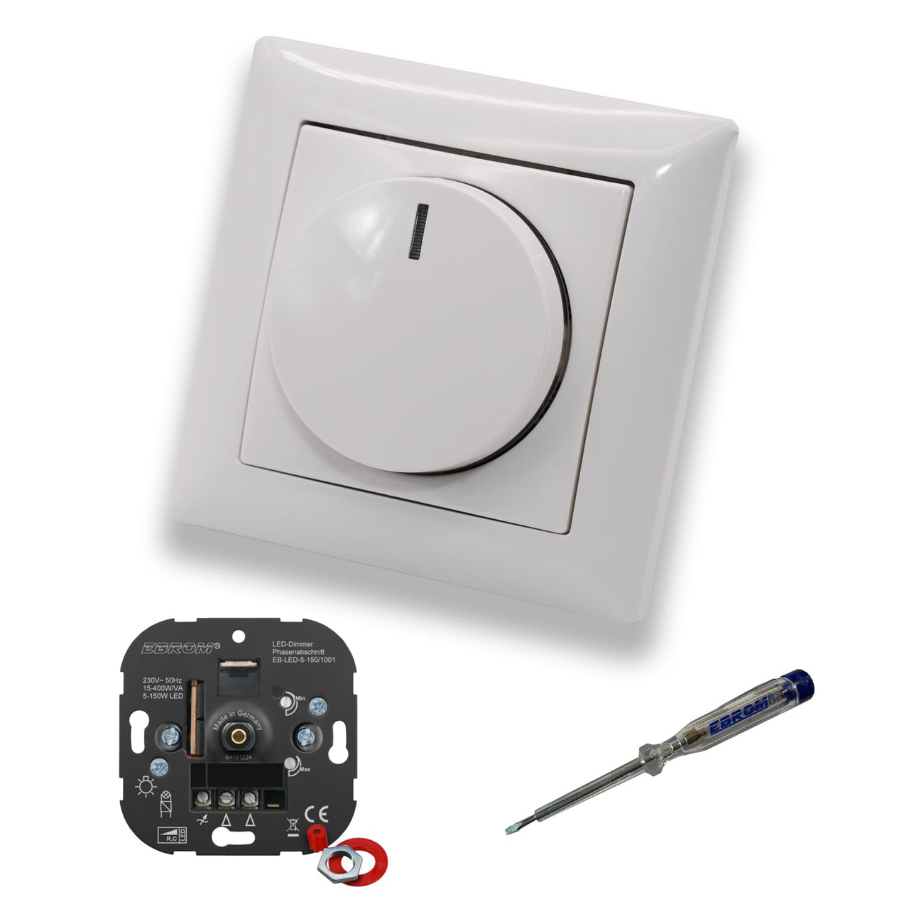 EBROM 1001 LED-Drehdimmer LED Dimmer mit Busch Jäger Dimmerscheibe Zentralplatte 2115-914 Einfachrahmen in Balance Si alpinweiß glänzend inklusive EBROM Phasenprüfer zur Montage des Dimmers