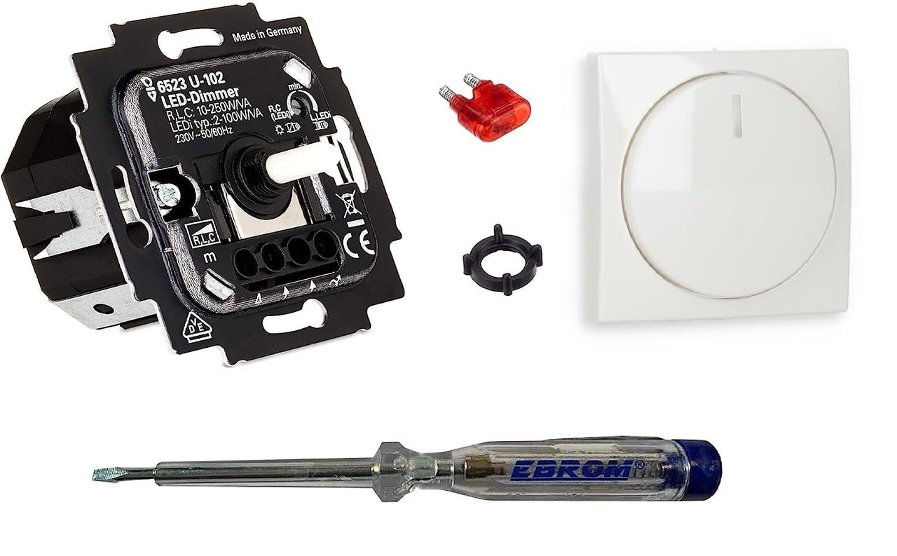 Busch Jäger 6523U-102 LED-Drehdimmer LED-Dimmer mit Dimmerscheibe Zentralplatte 2115-914 in Balance Si alpinweiß glänzend inklusive EBROM Phasenprüfer zur Montage des Dimmers (6523 U – 102)
