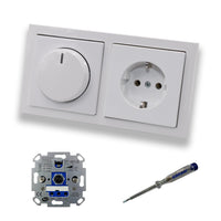 REV Ritter LED Drehdimmer Dimmer + Busch Jäger Dimmerscheibe 6540-84-102 + Steckdose Kinderschutz 20EUCKS-84 in Future Linear Studioweiß glänzend + EBROM Phasenprüfer zur Montage der Geräte ET1 66012B