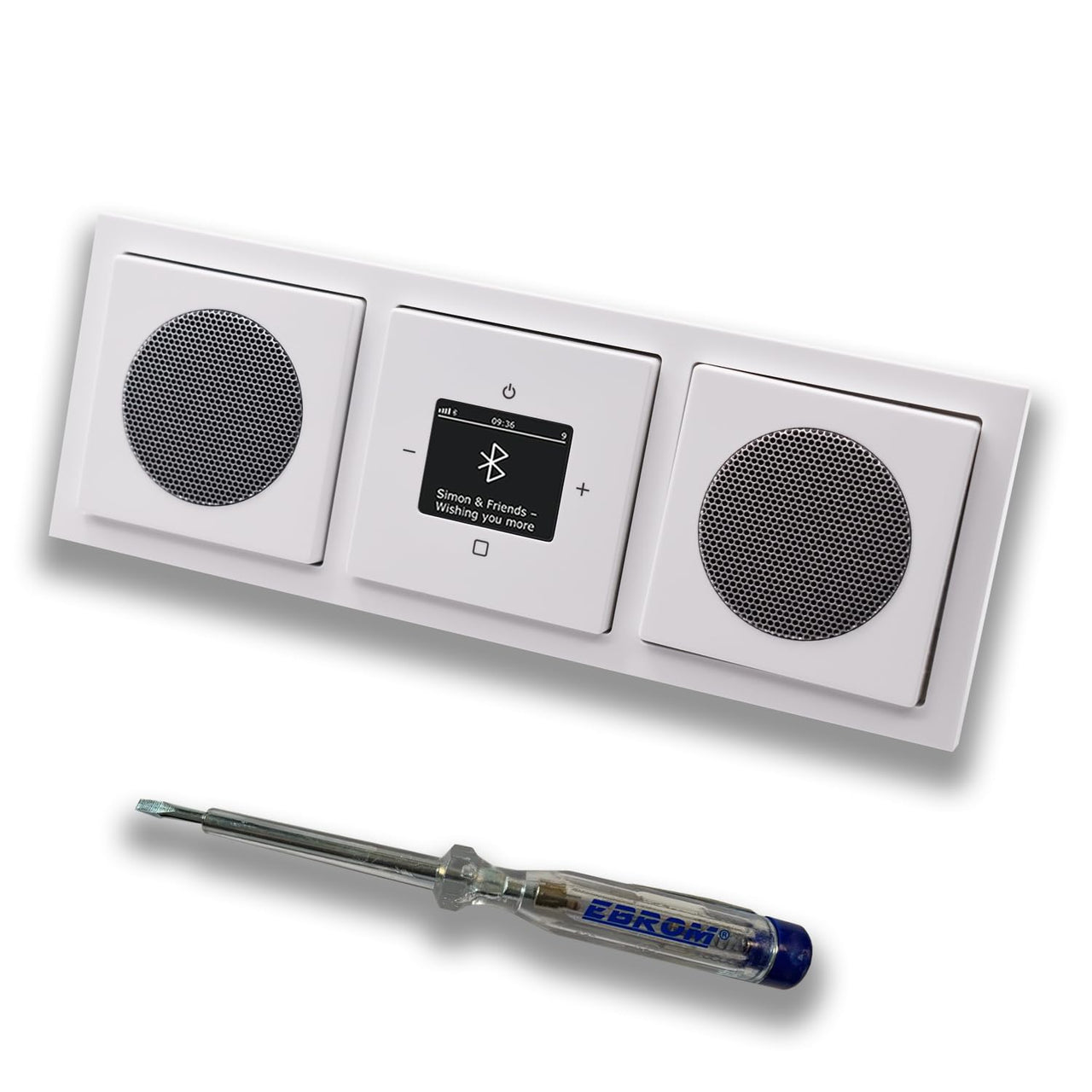 Busch Jäger DAB+ Unterputz Bluetooth (in and out) Radio 8217U-101 PUR Edelstahl, Komplett-Set mit 2 x Lautsprecher, Abdeckungen und Rahmen + EBROM Phasenprüfer zur Montage der Geräte - 8217 U – 101