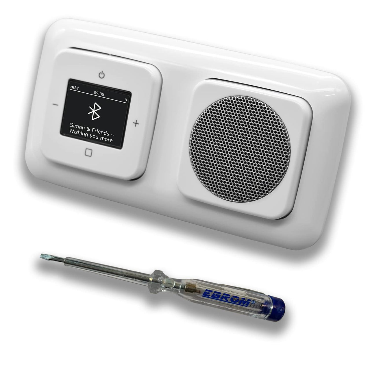 Busch Jäger DAB+ Unterputz Bluetooth (in and out) Radio 8217U-101 Reflex SI alpinweiß, Komplett-Set mit Lautsprecher, Abdeckungen und Rahmen + EBROM Phasenprüfer zur Montage der Geräte - 8217 U – 101