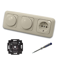 Busch Jäger 6523UR-103 (2 x) LED Drehdimmer Dimmer + Dimmerscheibe 2115-212 und Steckdose 20EUC-212 in DURO2000 cremeweiß glänzend inklusive EBROM Phasenprüfer zur Montage der Geräte 6523 UR-103