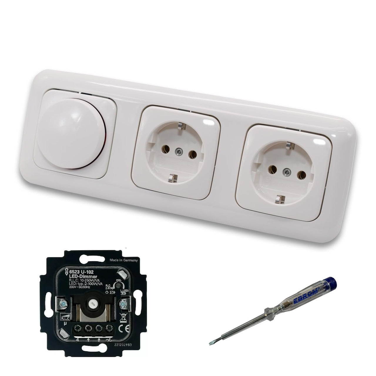 Busch Jäger 6523U-102 LED Drehdimmer Dimmer + Scheibe 2115-214 und 2 x Steckdose mit Kinderschutz 20EUCKS-214 in Reflex Si alpinweiß glänzend + EBROM Phasenprüfer z. Montage der Geräte 6523 U – 102