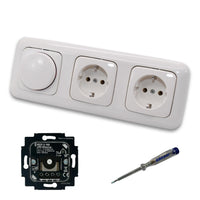 Busch Jäger 6523U-102 LED Drehdimmer Dimmer + Dimmerscheibe 2115-214 und 2 x Steckdose 20EUC-214 in Reflex Si alpinweiß glänzend inklusive EBROM Phasenprüfer zur Montage der Geräte 6523 U – 102