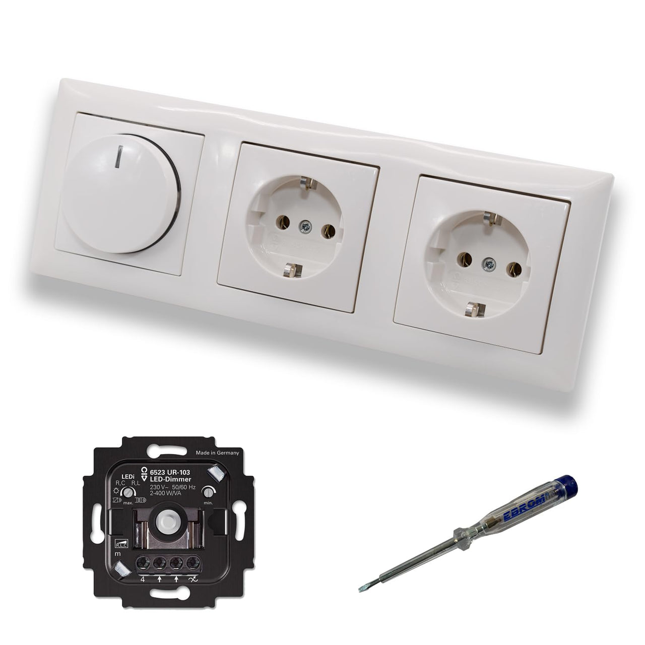 Busch Jäger 6523UR-103 LED Drehdimmer Dimmer + Dimmerscheibe 2115-914 und 2 x Steckdose 20EUC-914 in Balance Si alpinweiß glänzend inklusive EBROM Phasenprüfer zur Montage der Geräte 6523 UR-103