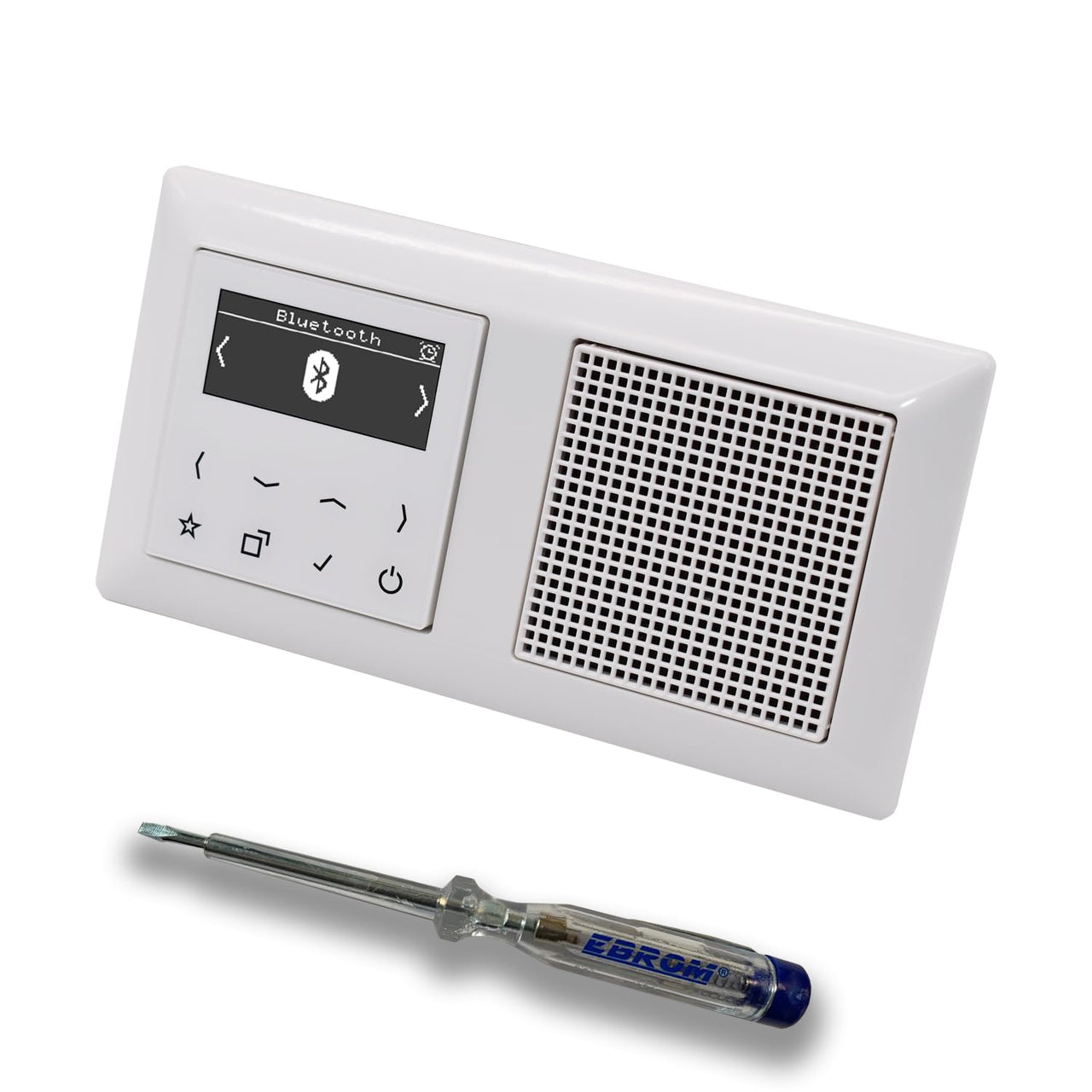 JUNG Smart Radio Unterputzradio DABABTWW DAB+ mit Bluetooth, Komplettset mit 2fach Rahmen im JUNG AS 500 System, Farbe: alpinweiß – passenden Lautsprecher und EBROM Phasenprüfer zur Montage der Geräte