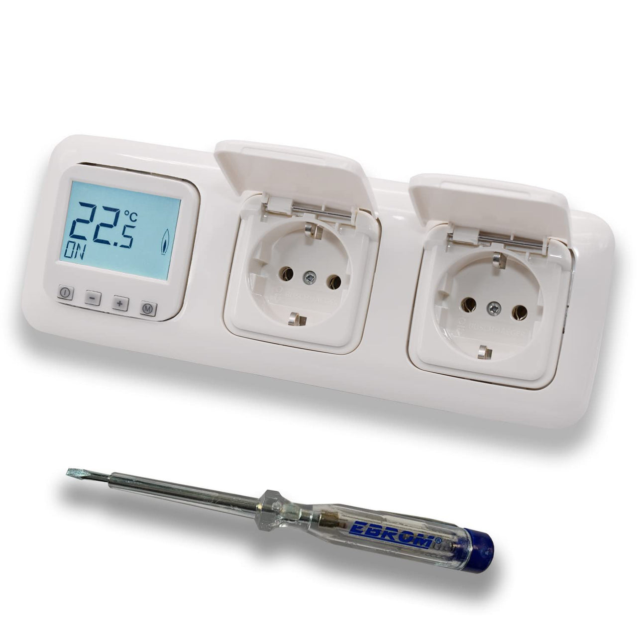 Halmburger Raumthermostat Raumtemperaturregler ERD-1Urg DIGITAL in Busch Jäger Reflex SI alpinweiß Rahmen mit 2X Klappsteckdose + EBROM Phasenprüfer zur Montage der Geräte ERD-1U (rg) Fußbodenheizung
