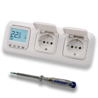 Halmburger Raumthermostat Raumtemperaturregler ERD-1Urg DIGITAL in Busch Jäger Reflex SI alpinweiß Rahmen mit 2X Klappsteckdose + EBROM Phasenprüfer zur Montage der Geräte ERD-1U (rg) Fußbodenheizung