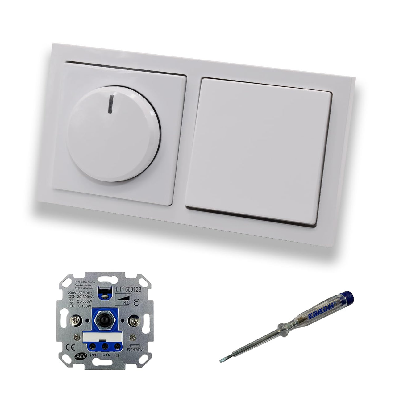 REV Ritter LED Drehdimmer Dimmer + Busch Jäger Dimmerscheibe 6540-84-102 und Lichttaster 2020 US in Future Linear Studioweiß glänzend inklusive EBROM Phasenprüfer zur Montage der Geräte ET1 66012B