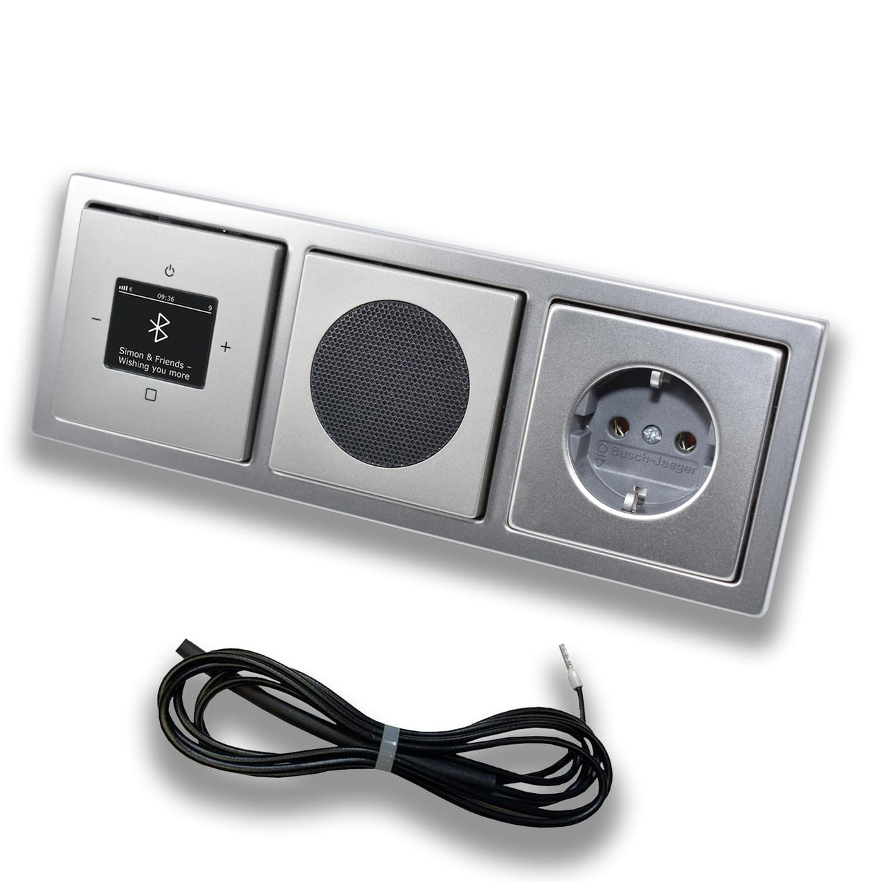 Busch Jäger DAB+ Unterputz Bluetooth (in and out) Radio 8217U-101 PUR Edelstahl, Set mit Lautsprecher, Abdeckungen, Steckdose, Rahmen + 0,9 m EBROM Wurfantenne zur Empfangsoptimierung - 8217 U – 101