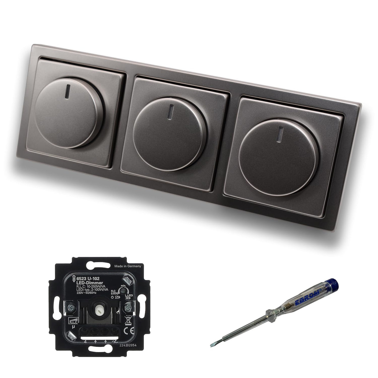 Busch Jäger 6523U-102 (3 Stück) LED Drehdimmer Dimmer + Dimmerscheiben 6540-866-102 in PUR Edelstahl im 3-fach Rahmen inkl. EBROM Phasenprüfer zur Montage der Geräte 6523 U - 102