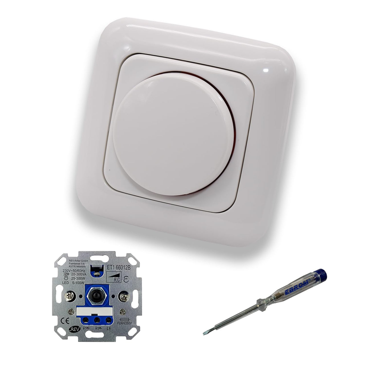 REV Ritter LED Drehdimmer LED Dimmer mit Busch Jäger Dimmerscheibe Zentralplatte 2115-214 Einfachrahmen in Reflex Si alpinweiß glänzend inklusive EBROM Phasenprüfer zur Montage des Dimmers ET1 66012B