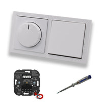 EBROM 1002 Universal PRO LED Drehdimmer Dimmer + Busch Jäger Dimmerscheibe 6540-84-102 + Kreuzschalter 2000/7 US in Future Linear Studioweiß glänzend + EBROM Phasenprüfer zur Montage der Geräte