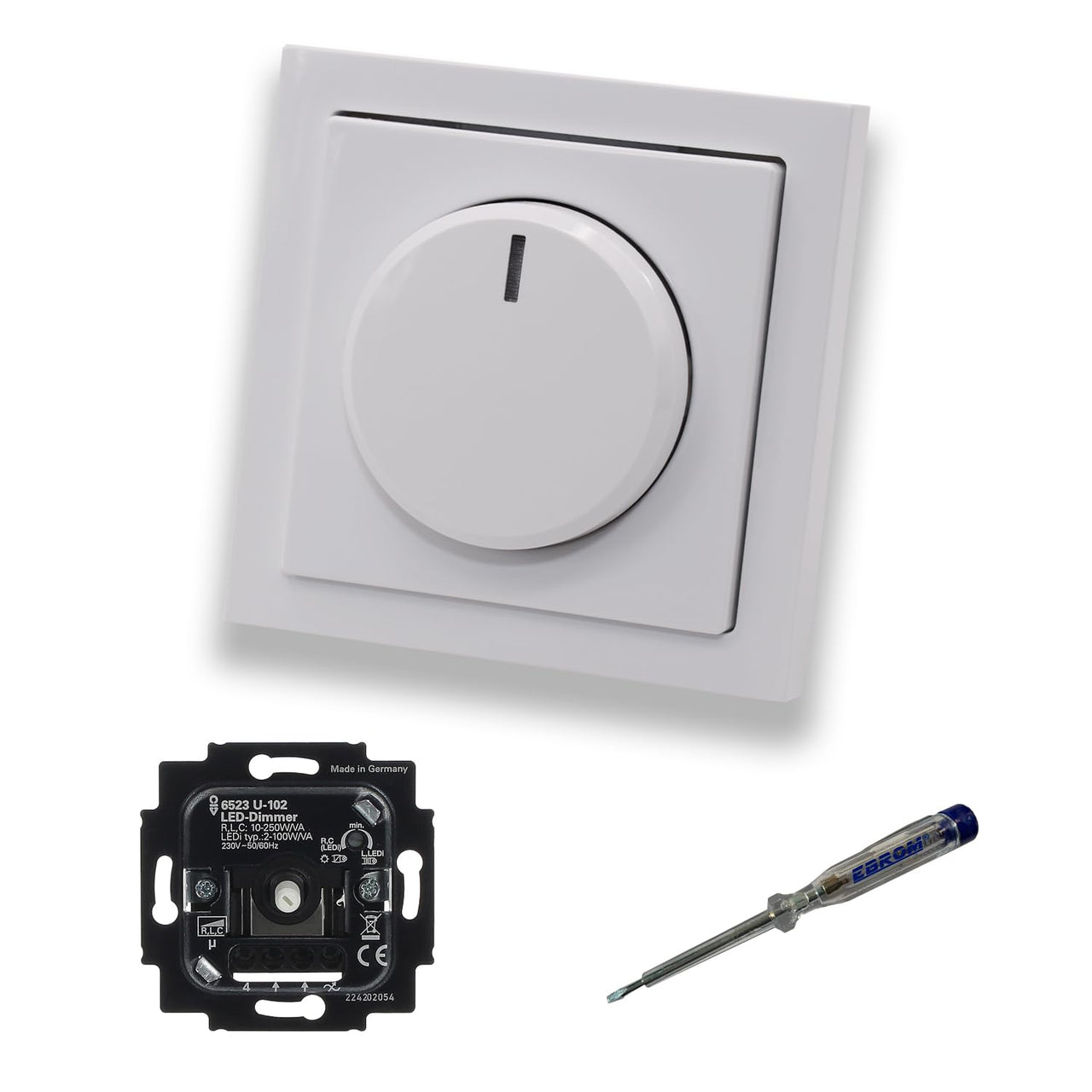 Busch Jäger 6523U-102 LED-Drehdimmer LED-Dimmer mit Dimmerscheibe Zentralplatte 6540-84-102 Einfachrahmen in Future Linear Studioweiß glänzend + EBROM Phasenprüfer z. Montage des Dimmers 6523 U – 102