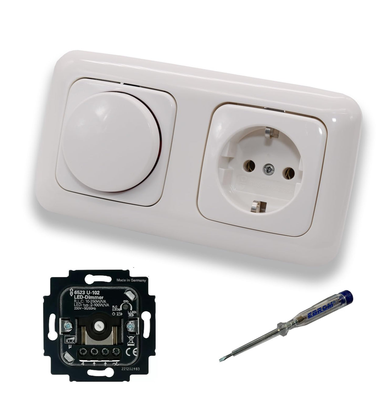 Busch Jäger 6523U-102 LED Drehdimmer Dimmer + Scheibe 2115-214 und Steckdose mit Kinderschutz 20EUCKS-214 in Reflex Si alpinweiß glänzend inkl. EBROM Phasenprüfer zur Montage der Geräte 6523 U – 102
