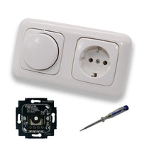 Busch Jäger 6523U-102 LED Drehdimmer Dimmer + Dimmerscheibe 2115-214 und Steckdose 20EUC-214 in Reflex Si alpinweiß glänzend inklusive EBROM Phasenprüfer zur Montage der Geräte 6523 U – 102