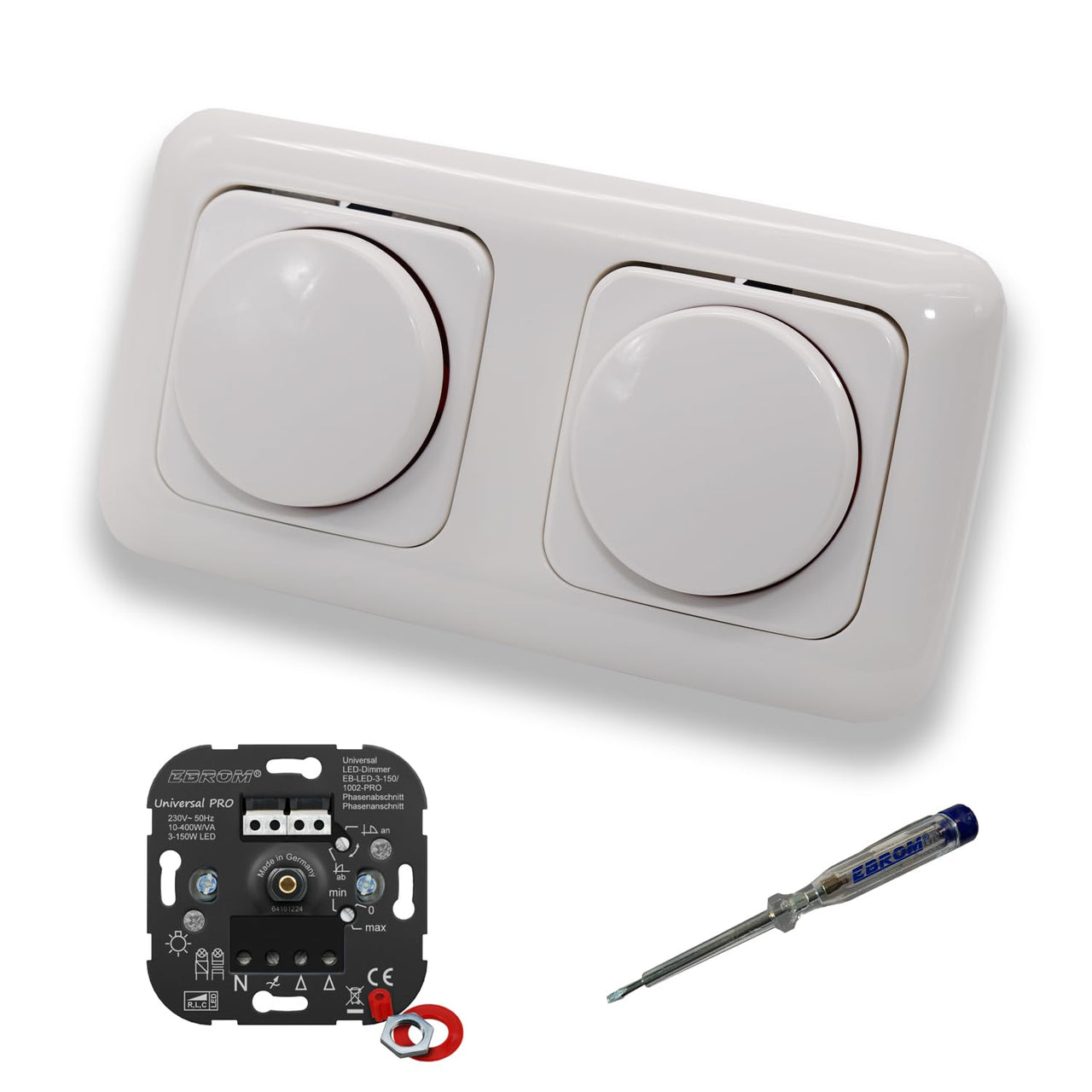 EBROM 1002 Universal PRO (2 Stück) LED Drehdimmer Dimmer + Busch Jäger Dimmerscheiben 2115-214 in ReflexSi alpinweiß glänzend im 2-fach Rahmen inkl. EBROM Phasenprüfer zur Montage der Geräte
