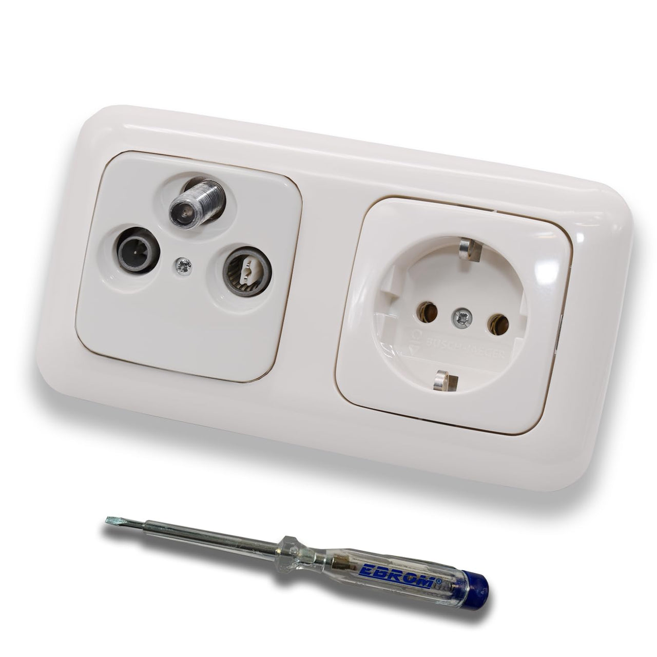 Busch Jäger SET: Unterputz 3-Loch Dose 47-2150 MHz, Enddose Stichdose, Radio/TV/SAT-Kompatibilität + ReflexSi alpinweiß 2fach Rahmen + Steckdose 20 EUC-214 + EBROM Phasenprüfer zur Montage der Geräte