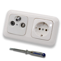 Busch Jäger SET: Unterputz 3-Loch Dose 47-2150 MHz, Enddose Stichdose, Radio/TV/SAT-Kompatibilität + ReflexSi alpinweiß 2fach Rahmen + Steckdose 20 EUC-214 + EBROM Phasenprüfer zur Montage der Geräte