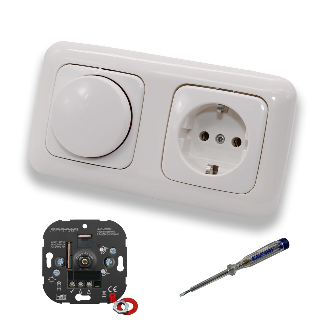 EBROM 1001 LED Drehdimmer Dimmer + Busch Jäger Dimmerscheibe 2115-214 und Steckdose 20EUC-214 in Reflex Si alpinweiß glänzend inklusive EBROM Phasenprüfer zur Montage der Geräte