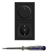 Busch Jäger 6523U-102 LED Drehdimmer Dimmer + Dimmerscheibe 6540-81-102 + Steckdose 20EUC-81 in ANTHRAZIT glänzend inklusive EBROM Phasenprüfer zur Montage der Geräte (6523 U – 102)