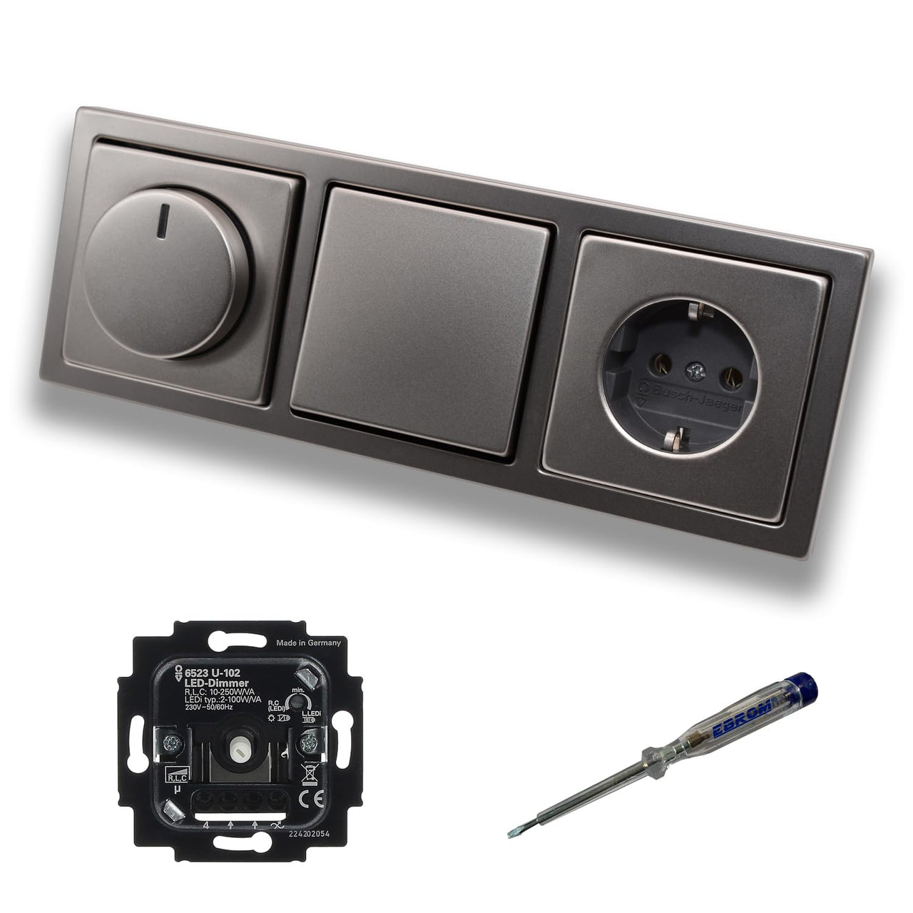 Busch Jäger 6523U-102 LED Drehdimmer Dimmer + Dimmerscheibe 6540-866-102 + Kreuzschalter 2000/7US + Steckdose Kinderschutz 20EUCKS-866 PUR Edelstahl + EBROM Phasenprüfer zur Montage 6523 U – 102