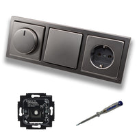 Busch Jäger 6523U-102 LED Drehdimmer Dimmer + Dimmerscheibe 6540-866-102 + Lichtschalter 2000/6US + Steckdose 20EUC-866 PUR Edelstahl + EBROM Phasenprüfer z. Montage d. Geräte 6523 U – 102