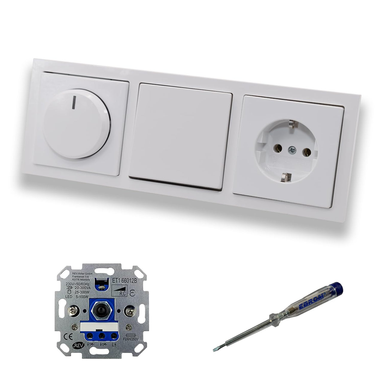 REV Ritter LED Drehdimmer Dimmer + Busch Jäger Dimmerscheibe 6540-84-102 + Lichtschalter 2000/6US + Steckdose 20EUC-84 Future Linear Studioweiß + EBROM Phasenprüfer zur Montage der Geräte ET1 66012B