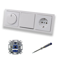 REV Ritter LED Drehdimmer Dimmer + Busch Jäger Dimmerscheibe 6540-84-102 + Taster 2020US + Steckdose Kinderschutz 20EUCKS-84 Future Linear Studioweiß + EBROM Phasenprüfer z. Montage der Geräte