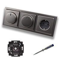 Busch Jäger 6523UR-103 (2 x) LED Drehdimmer Dimmer + Dimmerscheiben 6540-866-102 und Steckdose 20EUC-866 in PUR Edelstahl inklusive EBROM Phasenprüfer zur Montage der Geräte 6523 UR-103