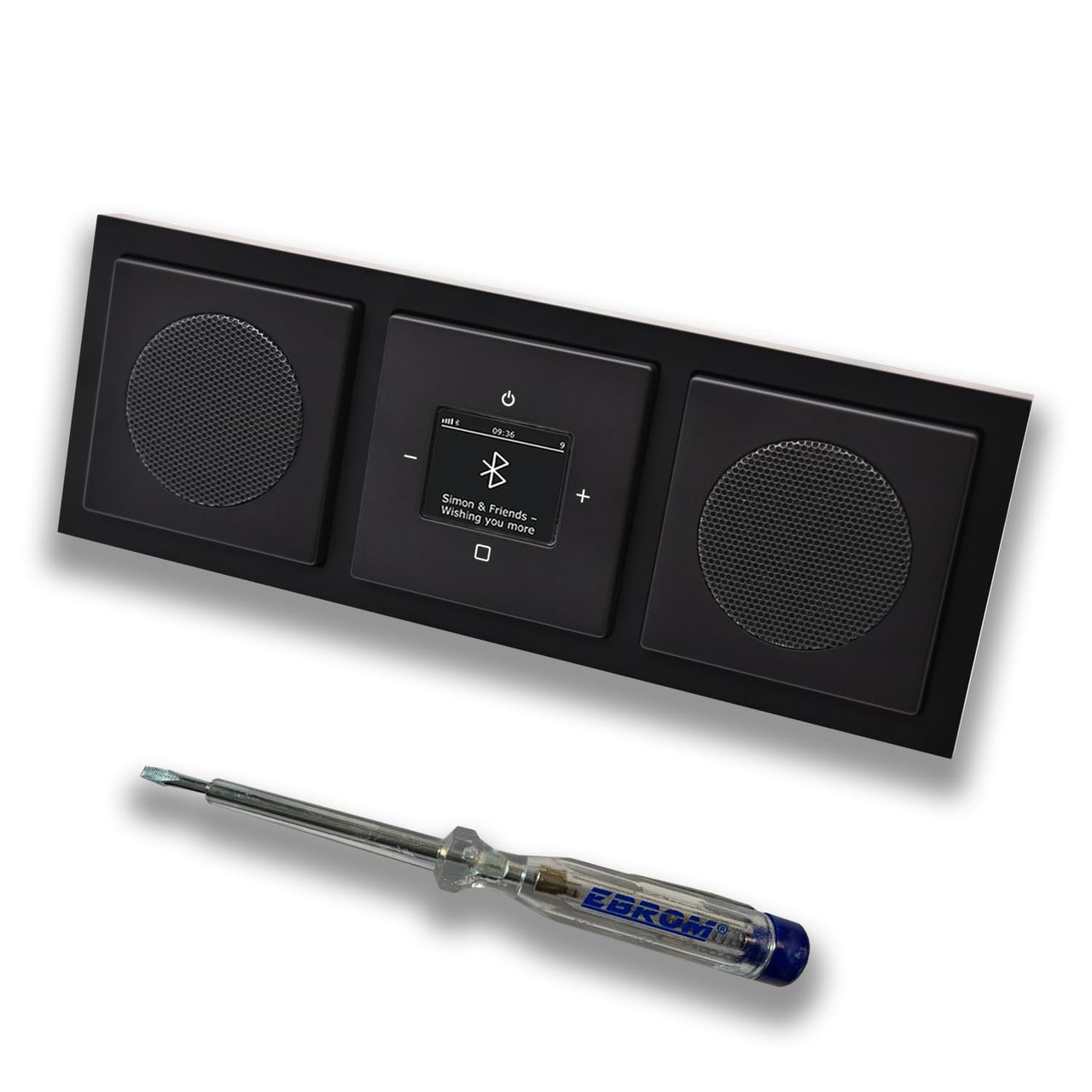 Busch Jäger DAB+ Unterputz Bluetooth (in and out) Radio 8217U-101 Future Anthrazit, Komplett-Set mit 2 x Lautsprecher, Abdeckungen, Rahmen + EBROM Phasenprüfer zur Montage d. Geräte - 8217 U – 101