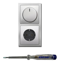 Busch Jäger 6523U-102 LED Drehdimmer Dimmer + Dimmerscheibe 6540-866-102 und Steckdose 20EUC-866 in PUR EDELSTAHL inklusive EBROM Phasenprüfer zur Montage der Geräte (6523 U – 102)
