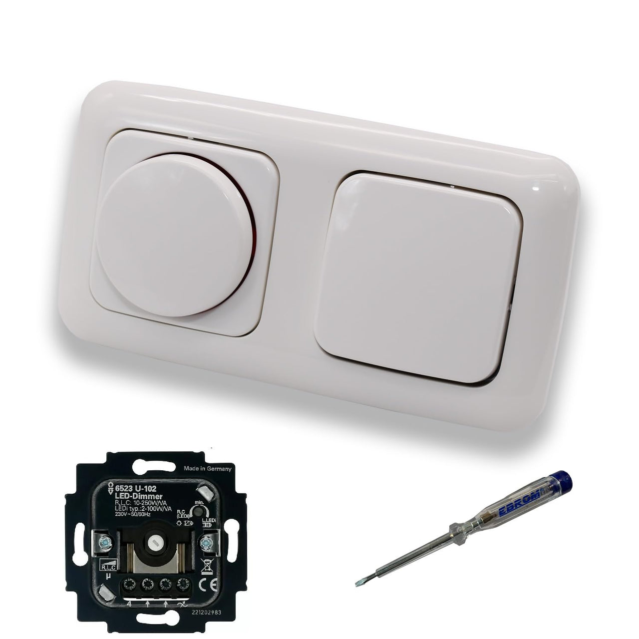 Busch Jäger 6523U-102 LED Drehdimmer Dimmer + Dimmerscheibe 2115-214 und Kreuzschalter 2000/7 US in Reflex Si alpinweiß glänzend inklusive EBROM Phasenprüfer zur Montage der Geräte 6523 U – 102