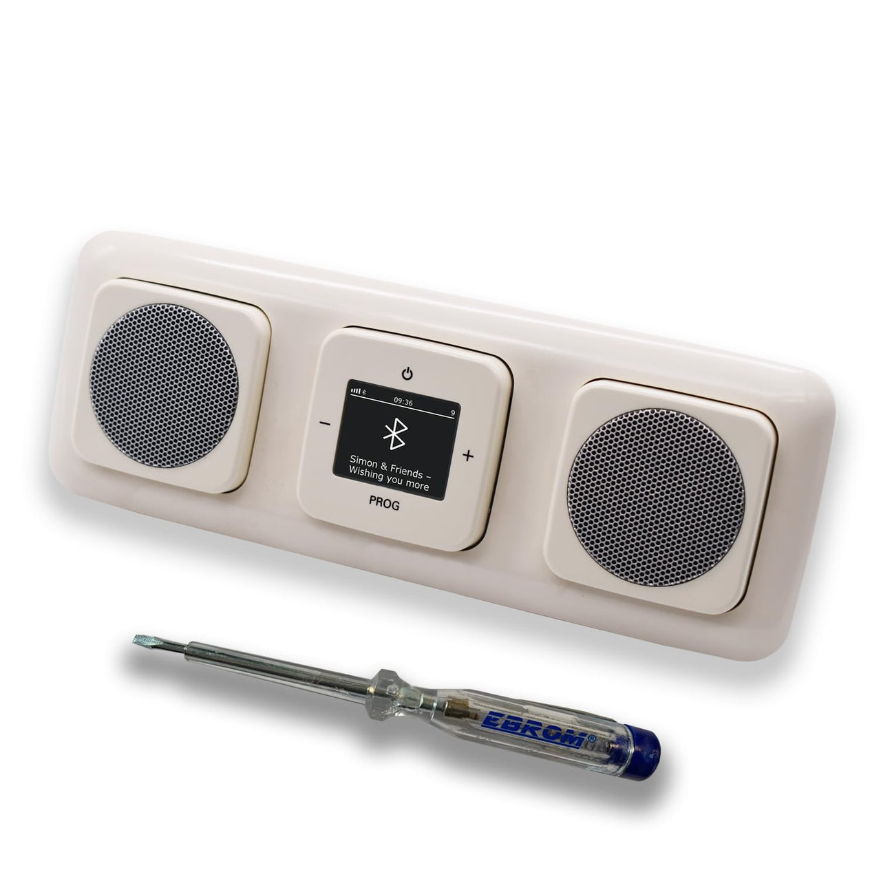 Busch Jäger DAB+ Unterputz Bluetooth (in and out) Radio 8217U-101 DURO2000 cremeweiß, Komplett-Set mit 2 x Lautsprecher, Abdeckungen, Rahmen + EBROM Phasenprüfer zur Montage der Geräte - 8217 U – 101