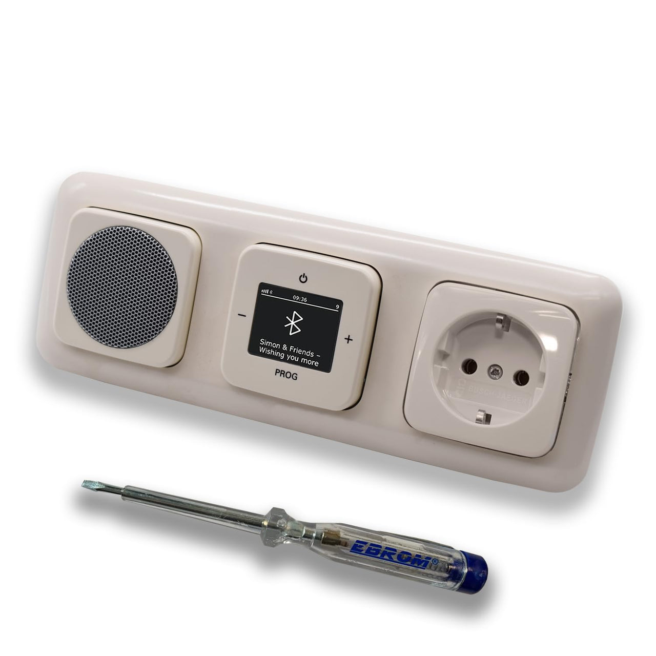 Busch Jäger DAB+ Unterputz Bluetooth Radio 8217U-101 DURO2000 cremeweiß, Set mit Lautsprecher, Abdeckungen, Steckdose mit Kinderschutz, Rahmen + EBROM Phasenprüfer zur Montage der Geräte - 8217U