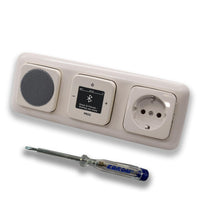 Busch Jäger DAB+ Unterputz Bluetooth Radio 8217U-101 DURO2000 cremeweiß, Set mit Lautsprecher, Abdeckungen, Steckdose mit Kinderschutz, Rahmen + EBROM Phasenprüfer zur Montage der Geräte - 8217U
