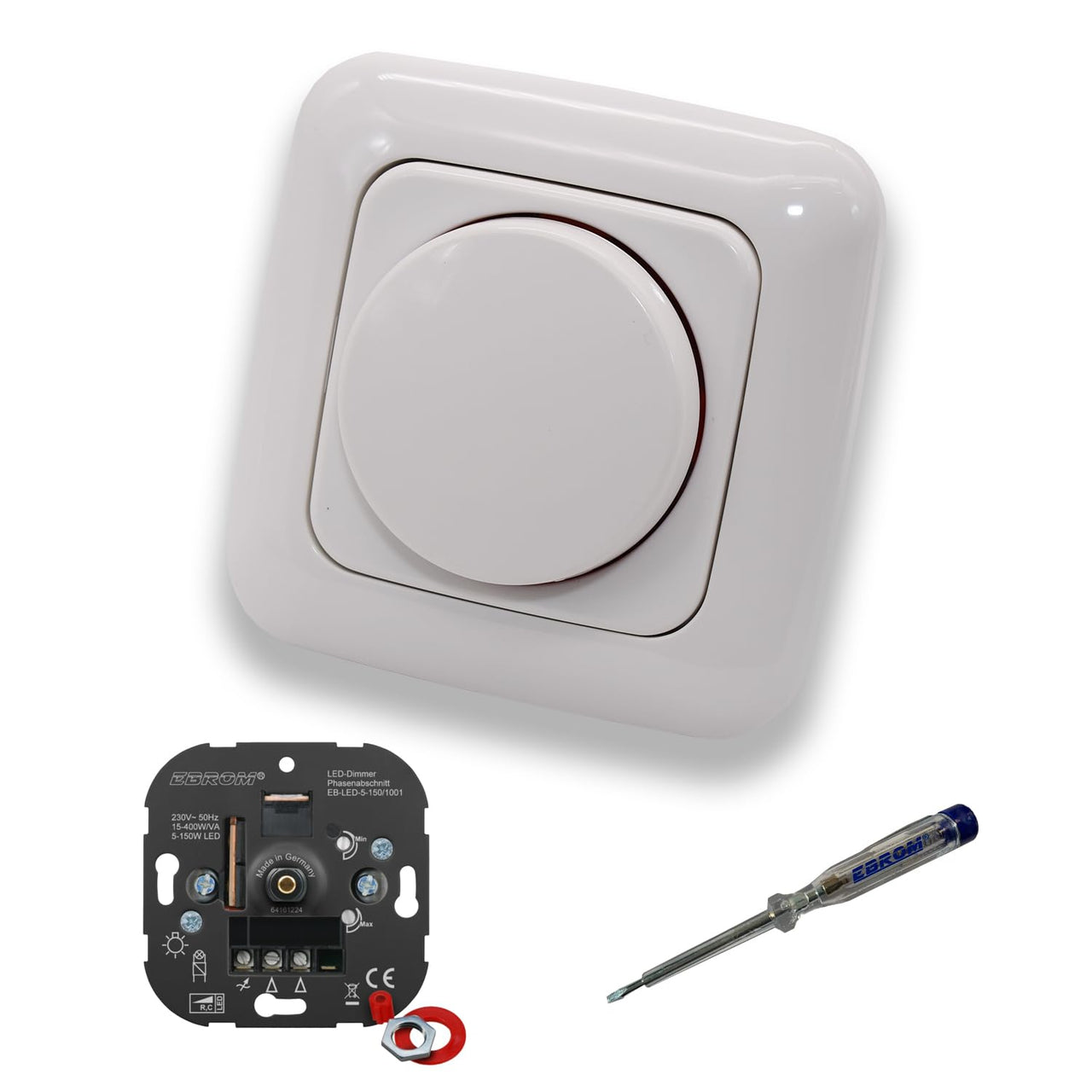 EBROM 1001 LED-Drehdimmer LED Dimmer mit Busch Jäger Dimmerscheibe Zentralplatte 2115-214 Einfachrahmen in Reflex Si alpinweiß glänzend inklusive EBROM Phasenprüfer zur Montage des Dimmers