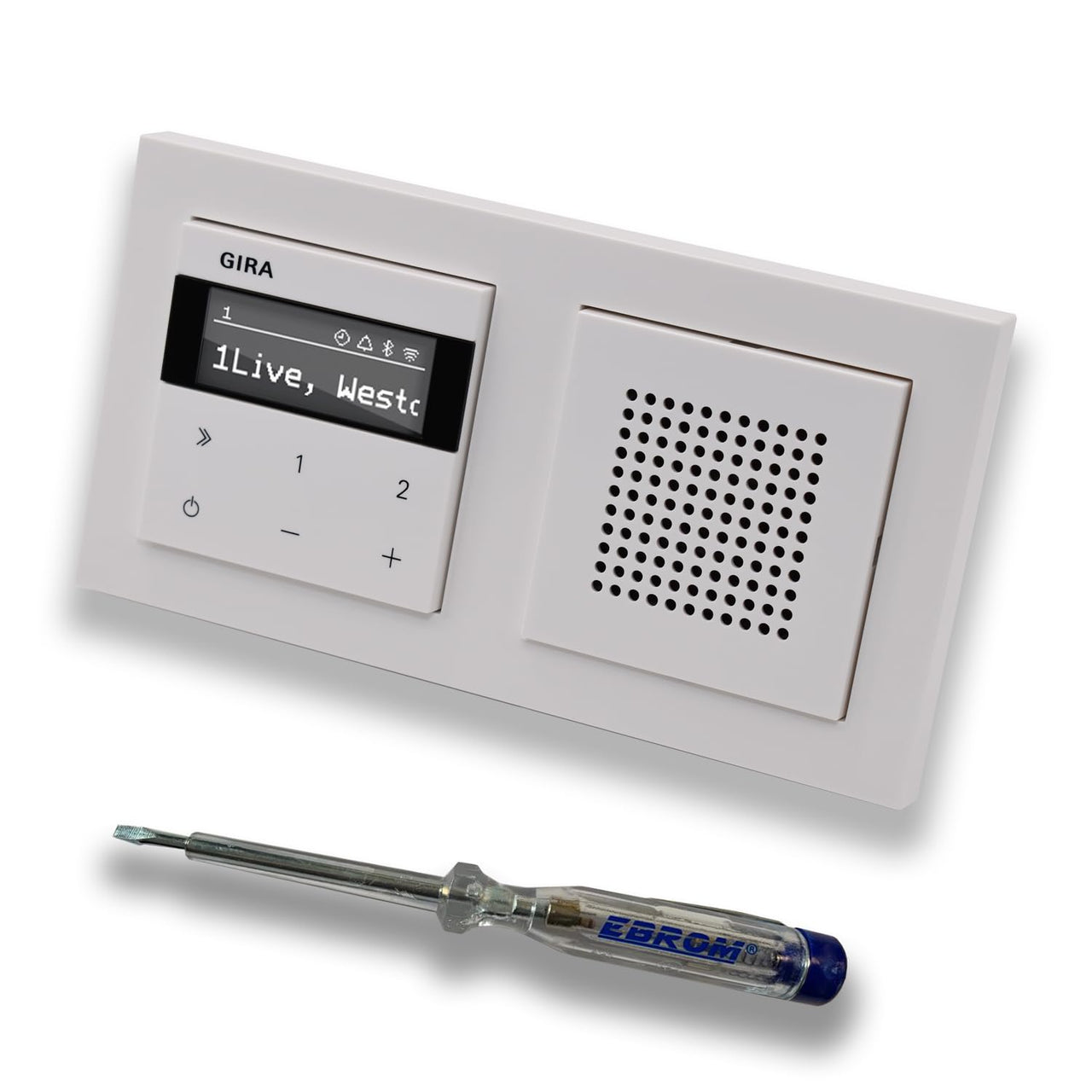 Gira Unterputz IP Internetradio 232003 + Bluetooth Komplett-Set mit Lautsprecher - E2 reinweiß glänzend mit 2fach Rahmen Gira 021229 inkl. EBROM Phasenprüfer zur Montage der Geräte