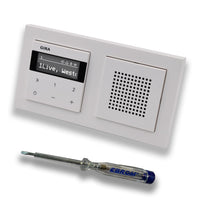 Gira Unterputz IP Internetradio 232003 + Bluetooth Komplett-Set mit Lautsprecher - E2 reinweiß glänzend mit 2fach Rahmen Gira 021229 inkl. EBROM Phasenprüfer zur Montage der Geräte